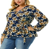 Unique Bargains ženska bluza Plus Size šifon bluza sa volanima sa cvetnim omotom