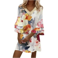 Ljetna mini haljina ženska moda Print Ruffle Bell rukava Dužina čipke V izrez plus veličina casual majica