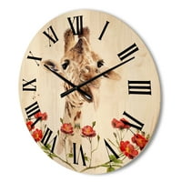 Designart 'portret Žirafe sa crvenim cvijećem I' seoska kuća drveni zidni sat