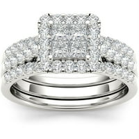 1-karatni TW dijamant sa jednim Halo klasterom Dvopojasni 14kt set Zaručničkog prstena od bijelog zlata