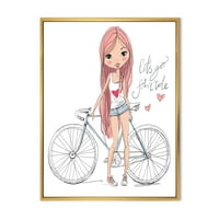 Designart 'mlada žena sa biciklom' Dječija Umjetnost uokvirena platnena zidna umjetnička štampa