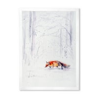 Designart 'Red Fo trčanje u bijelom snijegu u selu II' seoska kuća uokvirena umjetnička štampa