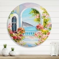 Designart 'ružičasto cvijeće s tradicionalnom grčkom kućom' Nautički i obalni krug metalni zid Art - disk