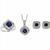 Dijamantski naglasak i okrugli kreirani prsten plavog safira srebrnog tona, naušnice i privjesak, 18