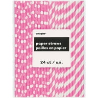 Polka Dot & Prugaste Papirne Slamke, 8. in, Diva Pink, 24ct