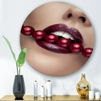 Designart 'Girl Bitting with Red Lips With Red Pearls' Modern Circle Metal Wall Art-disk of 23
