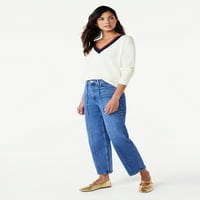 Free Assembly ženski kontrastni džemper s V izrezom s dugim rukavima, srednje težine, veličine XS-XXL