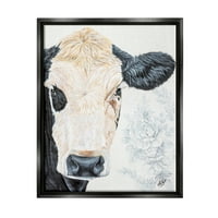 Stupell Floral Cow Seoska Kuća Ruralni Portret Životinje I Insekti Slikarstvo Crni Plutač Uokvireni Art Print